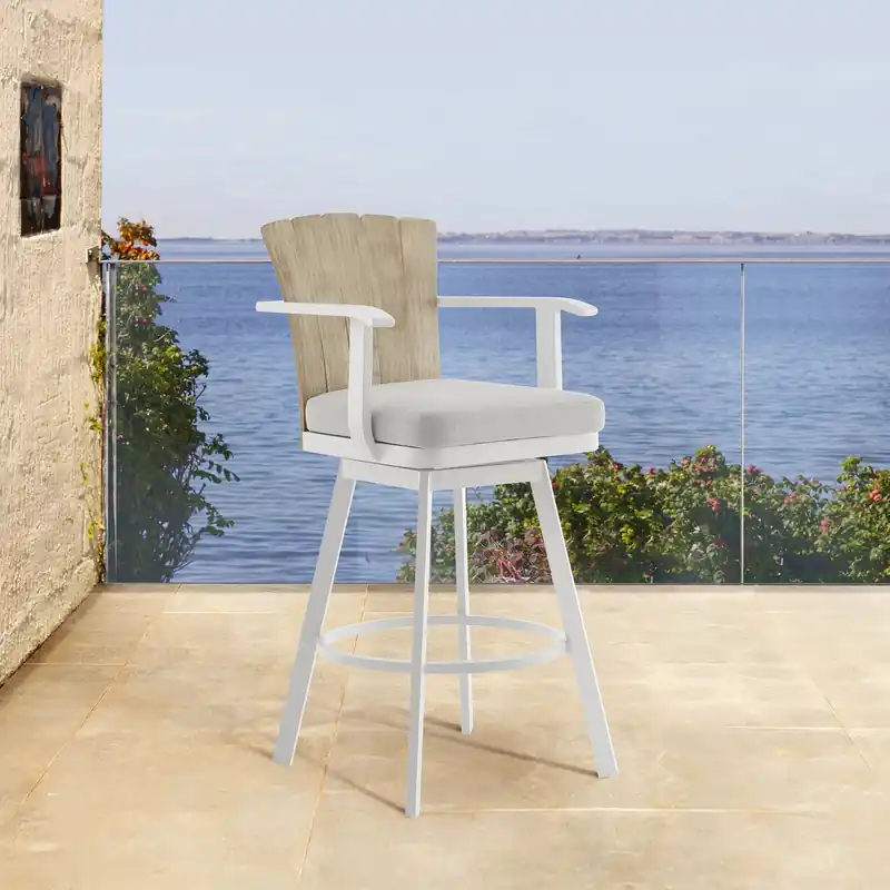 Hazel Outdoor Patio Swivel Bar Stool in Aluminum with Teak Wood and Ar Final Sale