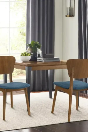 Kalia Wood Dining Chair in Walnut Finish with Blue Fabric - Set of 2 B Order Now