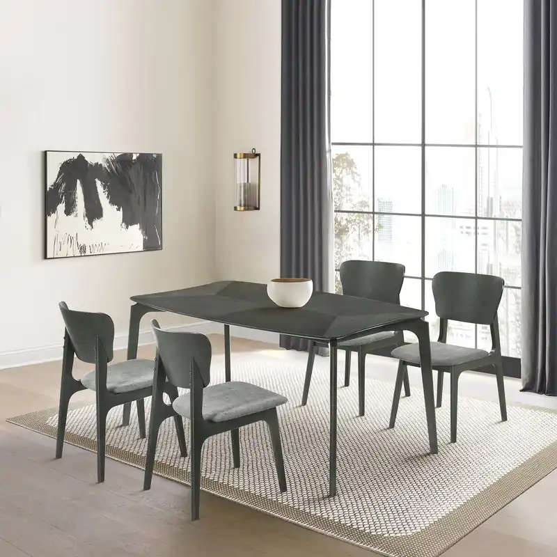 Kalia 5 Piece Wood Dining Set in Gray Finish with Gray Fabric By Armen Fresh Stock