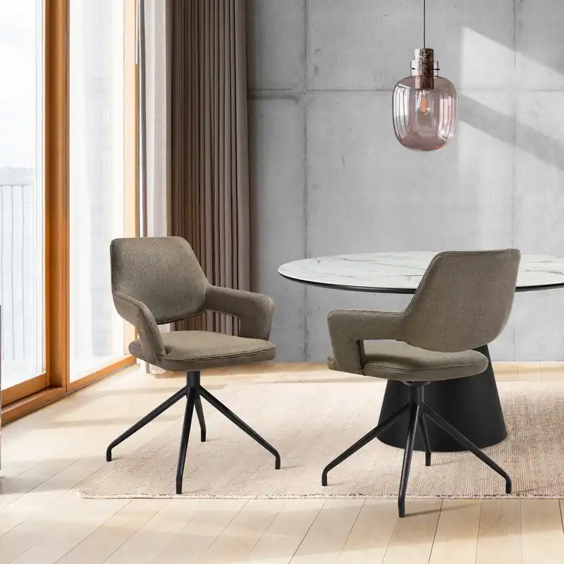 Holiday Sale Penny Swivel Upholstered Dining Chair in Brown Fabric with Black Metal