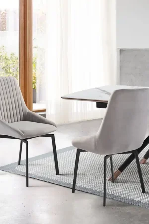 Susie Swivel Upholstered Dining Chair in Gray Fabric with Black Metal Original