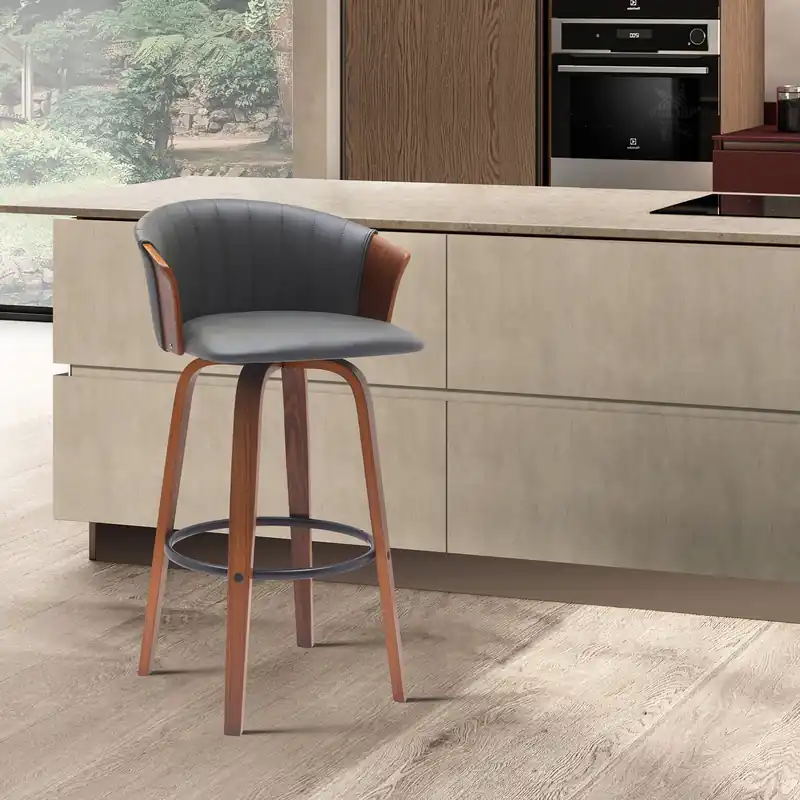 Time-Limited Diana 26" Swivel Walnut Wood Counter Stool in Gray Faux Leather By Arm