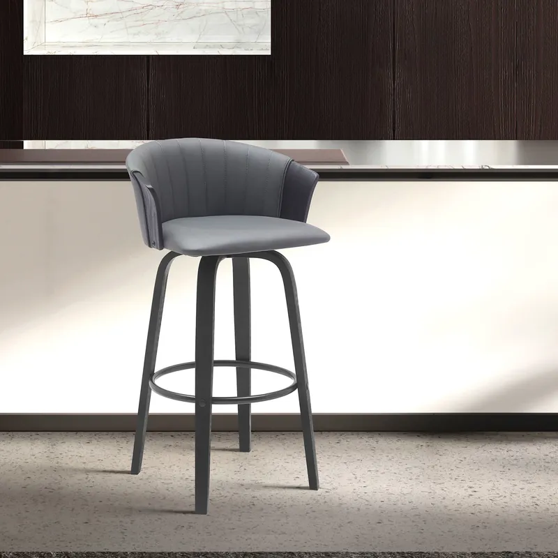 Brand New Diana 26" Swivel Black Wood Counter Stool in Gray Faux Leather By Arme