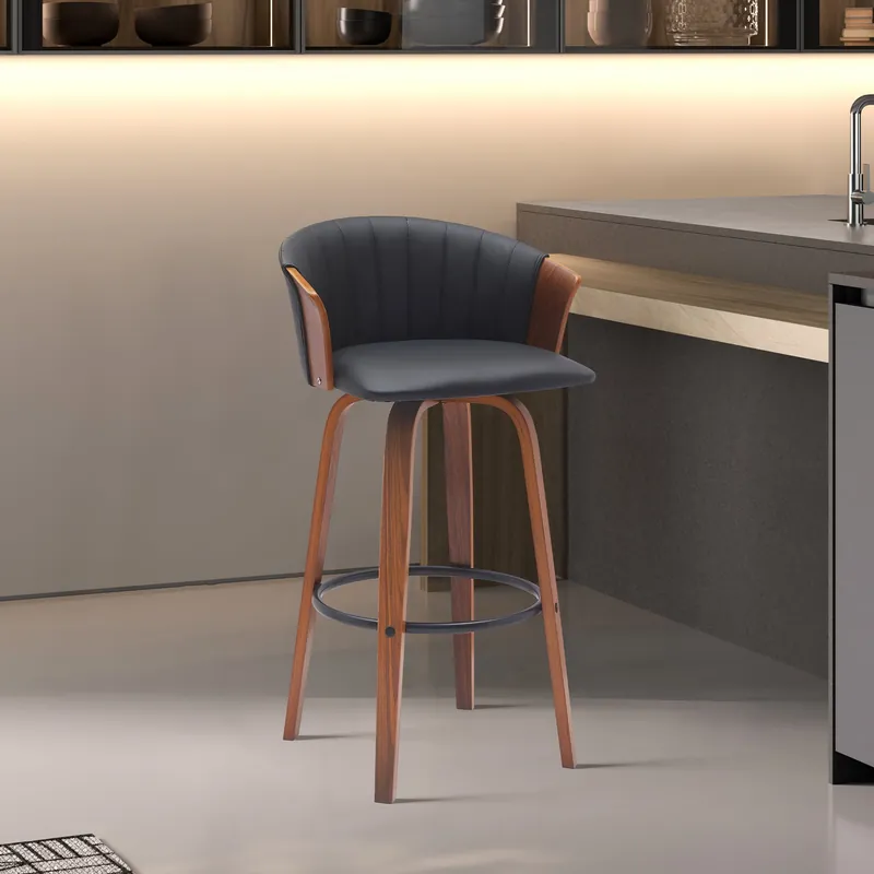 Diana 30" Swivel Walnut Wood Bar Stool in Black Faux Leather By Armen Popular