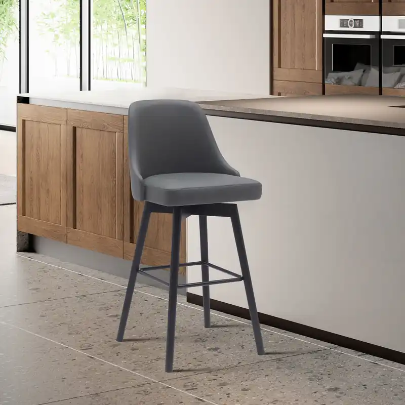 Instant Buy Sicily 26" Swivel Black Wood Counter Stool in Gray Faux Leather By Arm