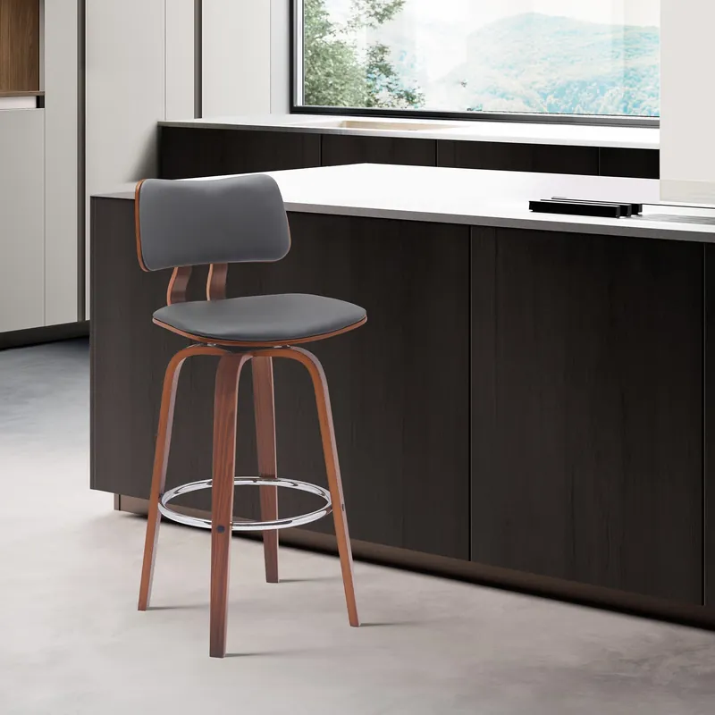 Pico 26" Swivel Walnut Wood Counter Stool in Gray Faux Leather with Ch Trusted Brand