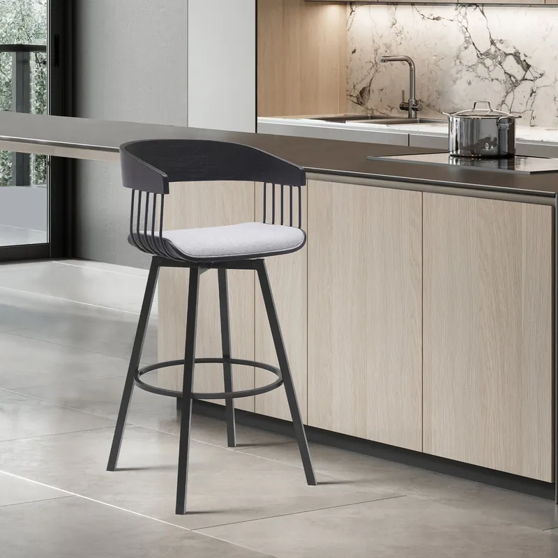 Athena 31" Swivel Black Wood Bar Stool in Light Gray Fabric with Black Bulk Order