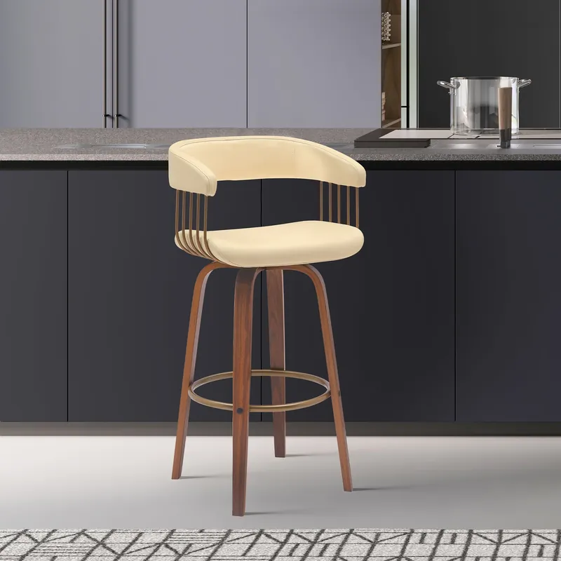 Direct From Factory Topanga 30.5" Swivel Walnut Wood Bar Stool in Cream Faux Leather with