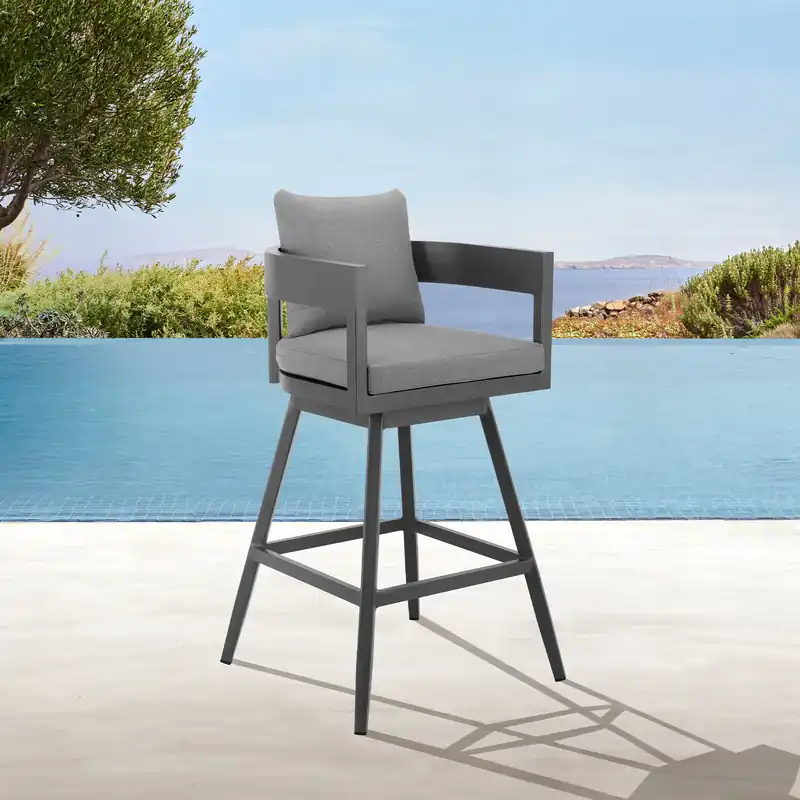 Menorca Outdoor Patio Swivel Counter Stool in Aluminum with Gray Cushi Fresh Stock