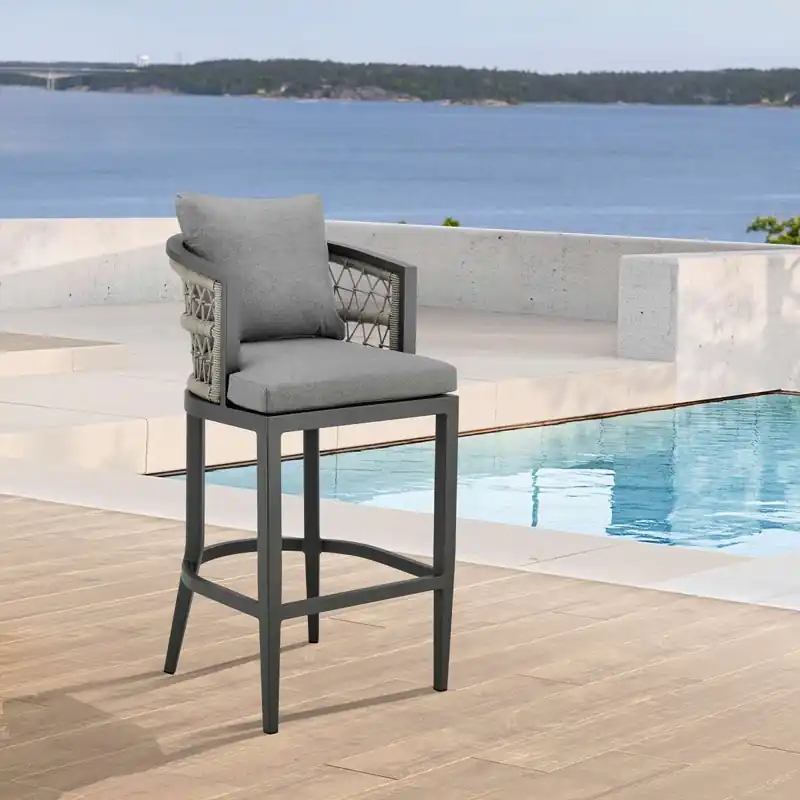 Warranty Included Zella Outdoor Patio Bar Stool in Aluminum with Light Gray Rope and Ear