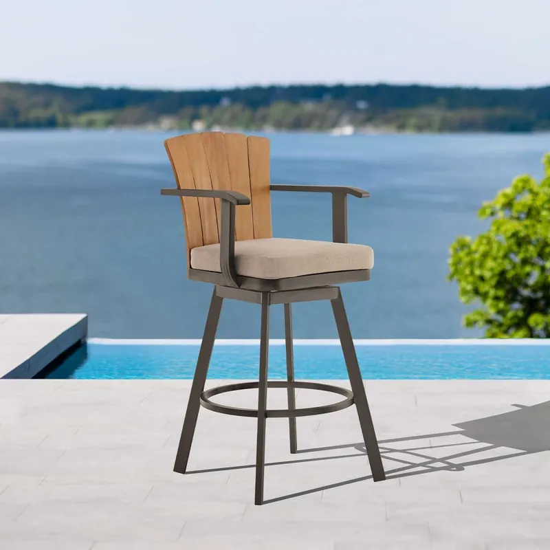 Trending Hazel Outdoor Patio Swivel Counter Stool in Aluminum with Teak Wood an