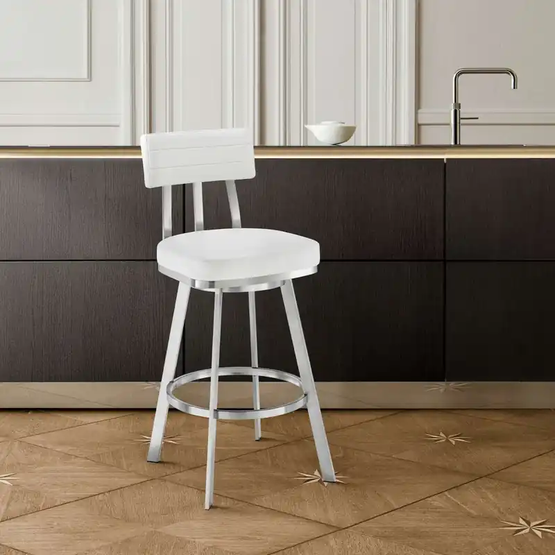 Benjamin 30" Swivel Bar Stool in Brushed Stainless Steel with White Fa High Quality