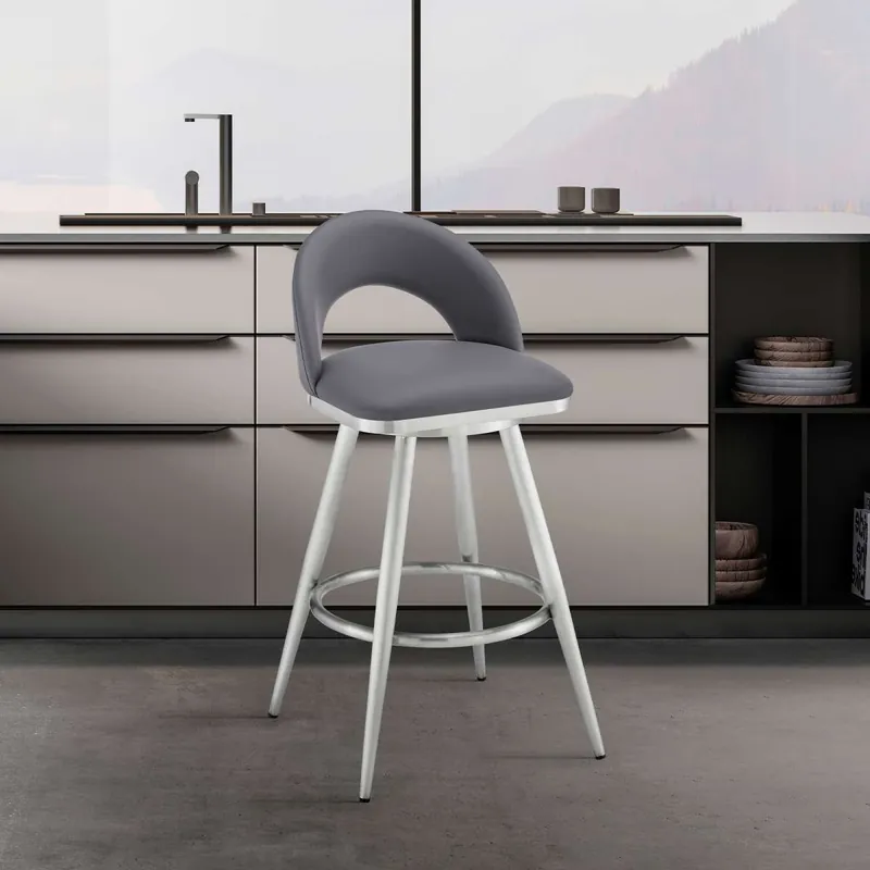 Charlotte 30" Swivel Bar Stool in Brushed Stainless Steel with Gray Fa Discount