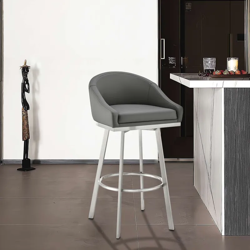 Bargain Eleanor 30" Swivel Bar Stool in Brushed Stainless Steel with Gray Faux