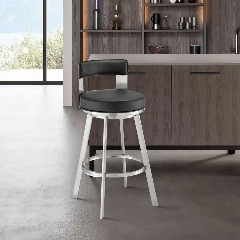Flynn 30" Swivel Bar Stool in Brushed Stainless Steel with Black Faux Best Seller