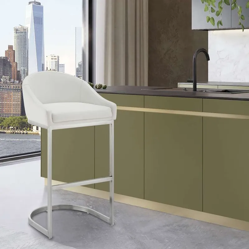 Buy Today Katherine 30" Bar Stool in Brushed Stainless Steel with White Faux Lea