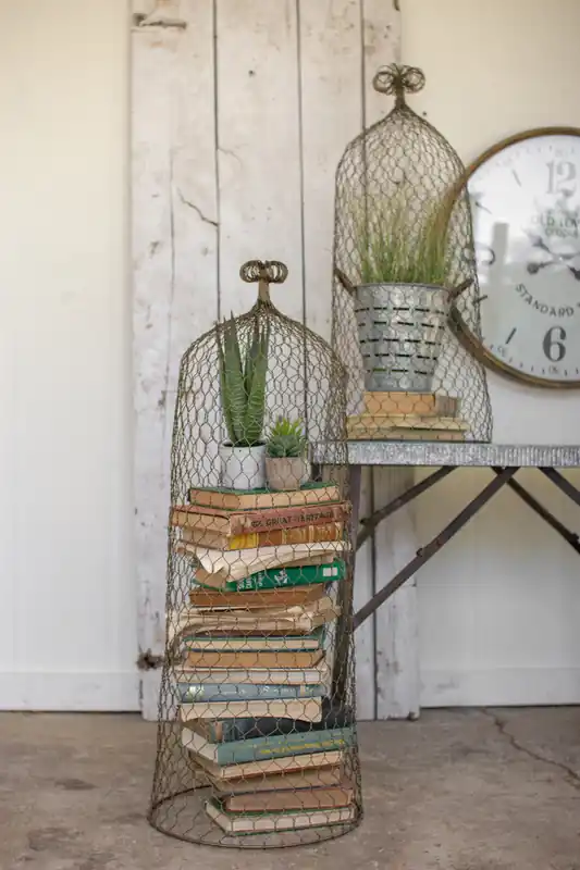 Direct From Factory Set Of Two Wire Cloche Topiaries-Old Gold By Kalalou