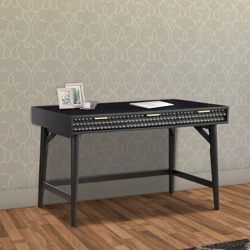 Brand New Writing Desk with 3 Drawers and Wooden Frame, Black By Benzara