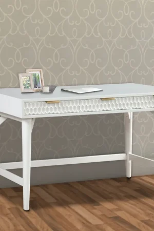 Writing Desk with 3 Drawers and Wooden Frame, White By Benzara Same Day Shipping
