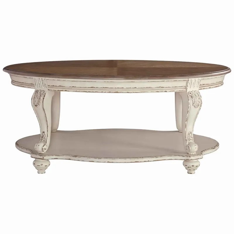 Two Tone Oval Cocktail Table with Bottom Shelf, Antique White and Brow No Minimum Order
