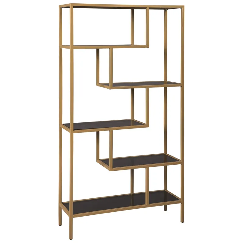 Metal Frame Bookcase with 5 Tiered Display Glass Shelves, Gold and Bla Seasonal Sale