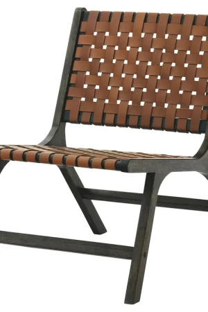 Wooden Frame Accent Chair with Leather Stripe Woven Pattern, Brown By Direct From Manufacturer
