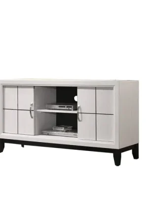 Wooden TV Stand with 2 Drawers and 2 Open Compartments, White and Blac Buy Today