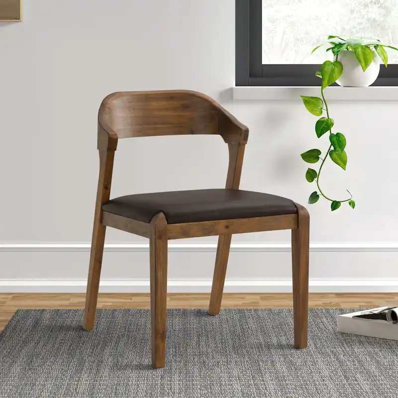 Handmade Curved Panel Back Dining Chair with Leatherette Seat, Brown By Benzara