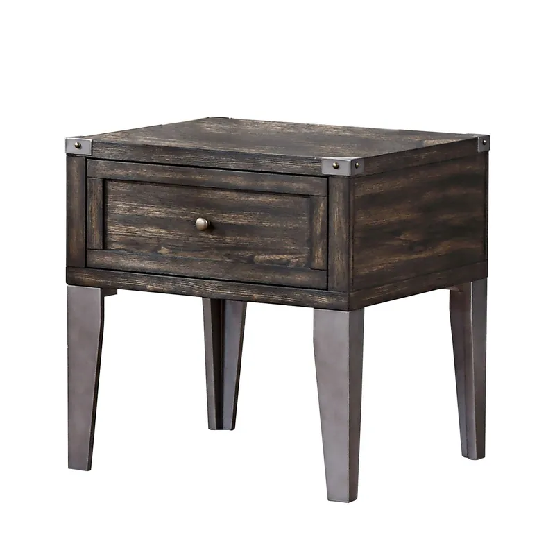 Best Price 1 Drawer Wooden End Table with Metal Angled Legs, Brown By Benzara