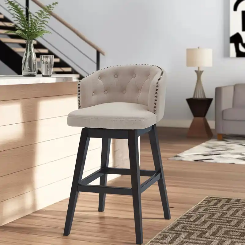 Seasonal Sale 26 Inches Button Tufted Fabric Padded Swivel Counter Stool, Beige By B