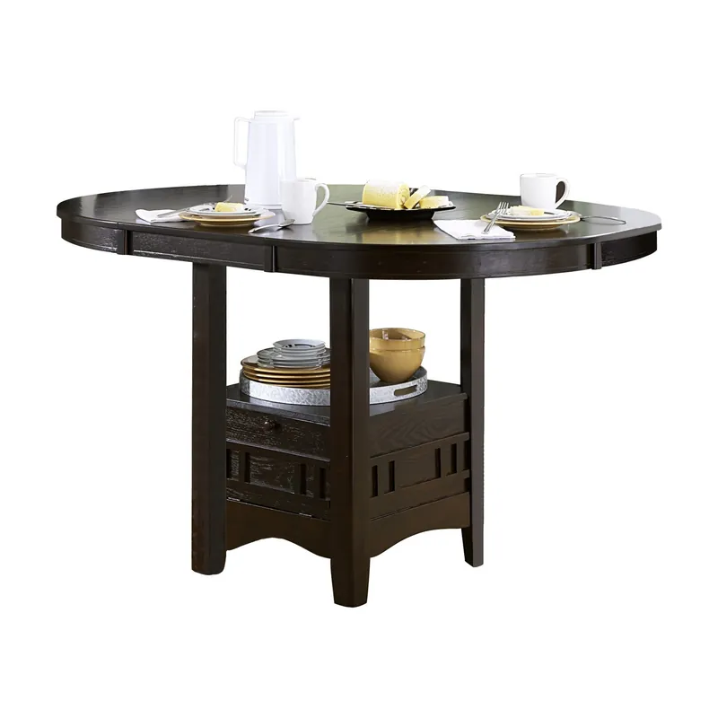 Oval Wooden Counter Height Table with Extension Leaf and Open Shelf, B Handmade