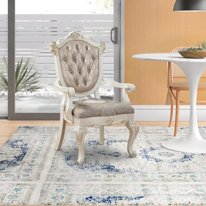 No Minimum Order Wooden Arm Chair with Floral Patterned Padded Seat, Set of 2,White and
