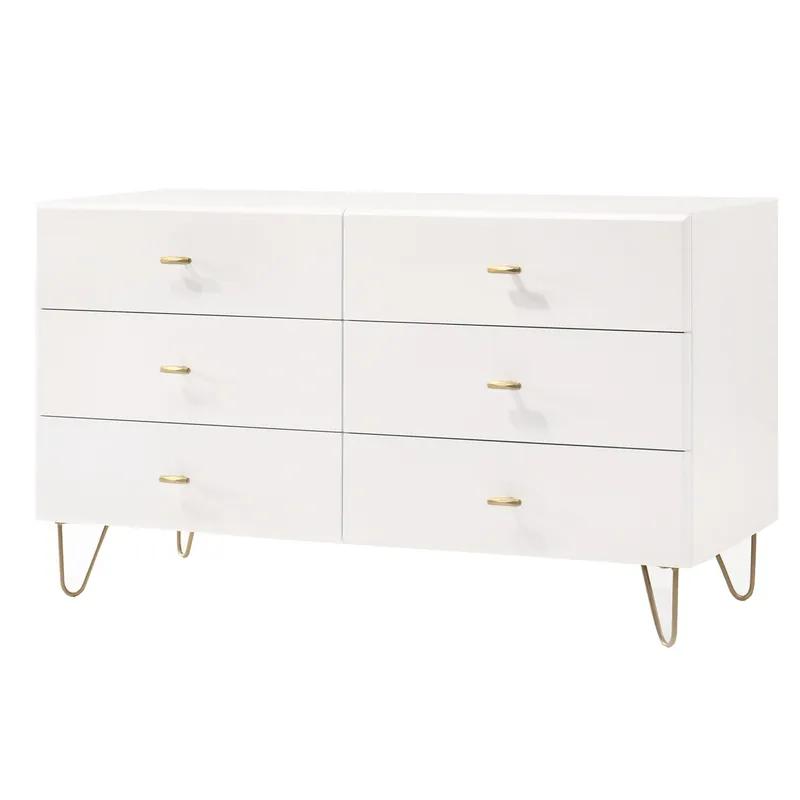 6 Drawer Wooden Dresser with Metal Hairpin Legs, White and Gold By Ben Mega Sale