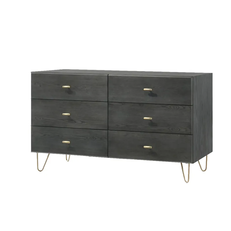 Wooden Dresser with 6 Drawers and Metal Hairpin Legs, Gray and Gold By Buy Today
