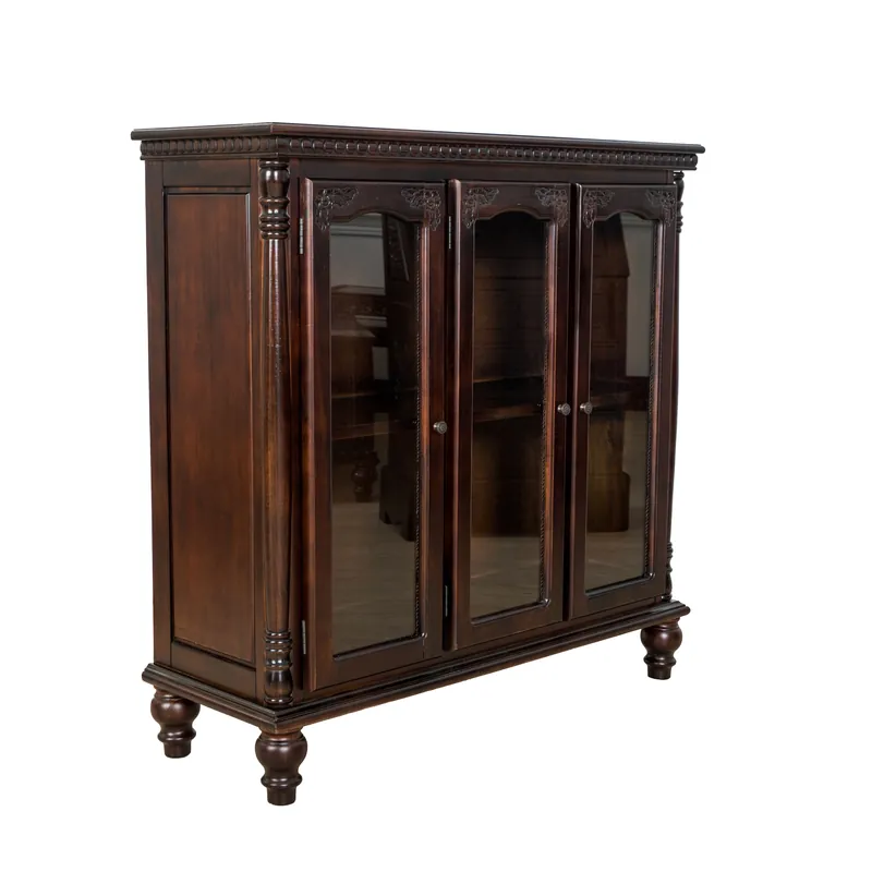 Traditional Wood and Glass Accent Cabinet with Carved Details, Brown B Reduced Price