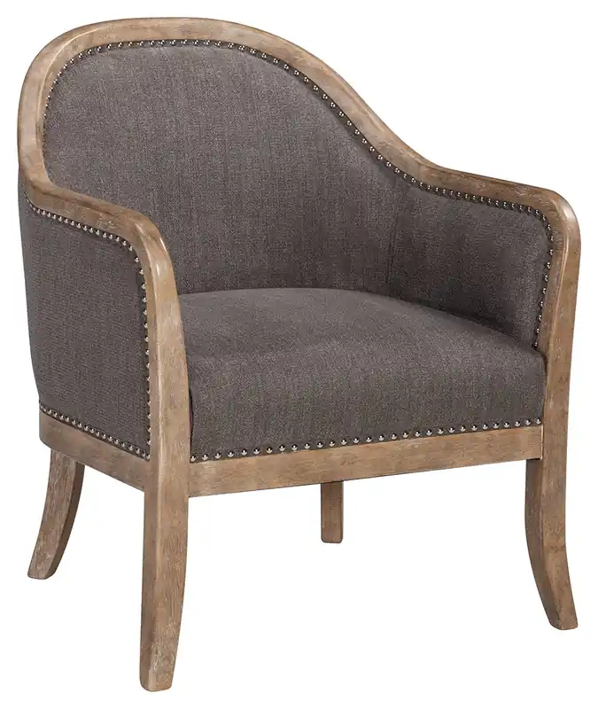 Wood and Fabric Accent Chair with Nail Head Trim, Brown By Benzara Big Sale