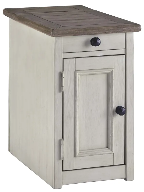 Chair Side End Table with 1 Cabinet and Pull Out Tray, White and Brown Genuine