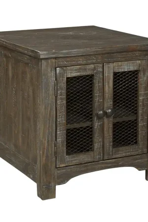 Wooden End Table with Wire Mesh Cabinet and Adjustable Shelf, Brown By Sale