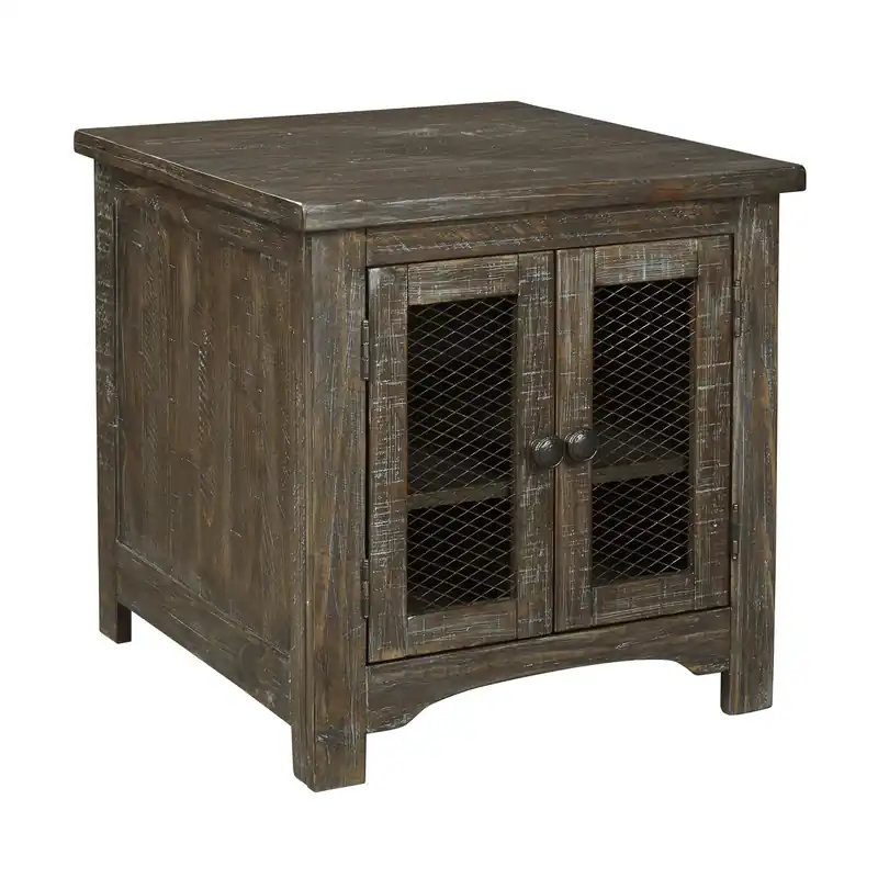 Wooden End Table with Wire Mesh Cabinet and Adjustable Shelf, Brown By Sale