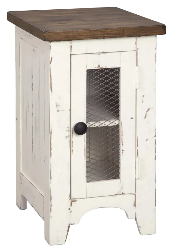 Limited Offer Two Tone Chair Side End Table with Wire Metal Grill Cabinet,Brown and