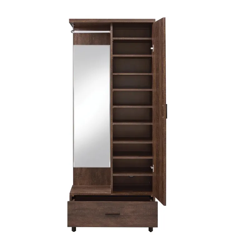 Free Shipping Mirrored Wooden Hall Tree with 1 Door and 1 Drawer, Brown and Silver B