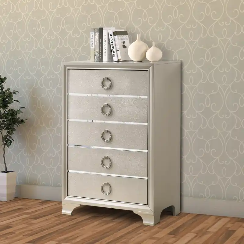 Fan Favorite Five Drawers Wooden Dresser with Oversized Ring Handles, Silver By Ben