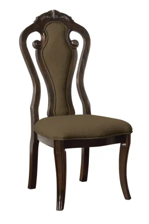 Wooden Fabric Upholstered Side Chair With Fiddle Backrest, Brown, Pack Deal