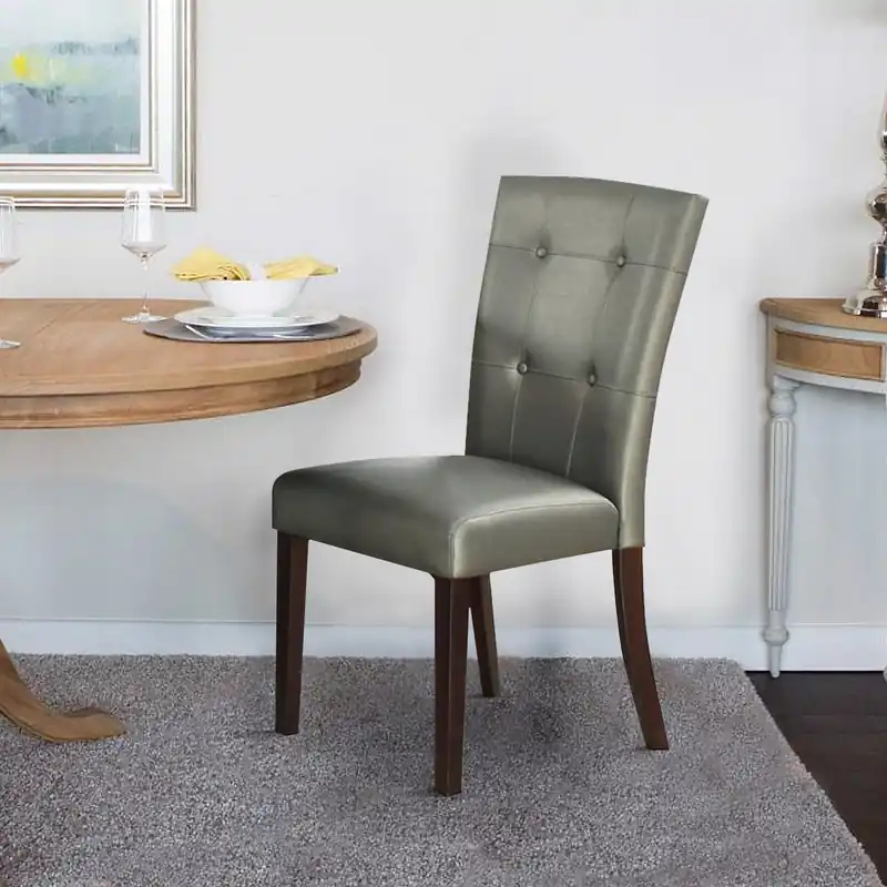 Editor’s Pick Button Tufted Faux Leather Wooden Dining Chair, Set Of 2,Silver By Ben