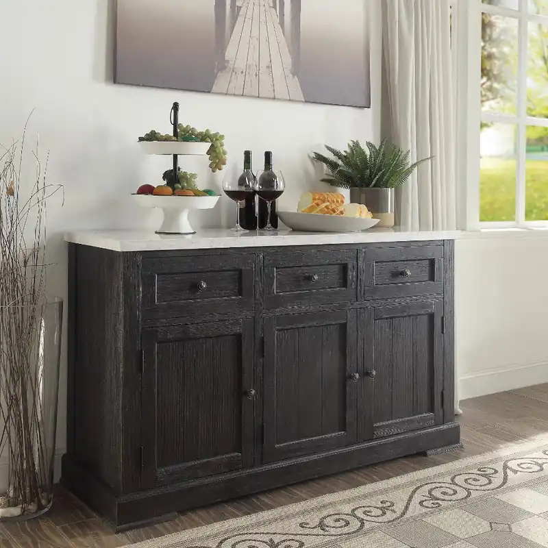 Same Day Shipping Commodious Wooden Server, White Marble Top & Weathered Black By Benzar