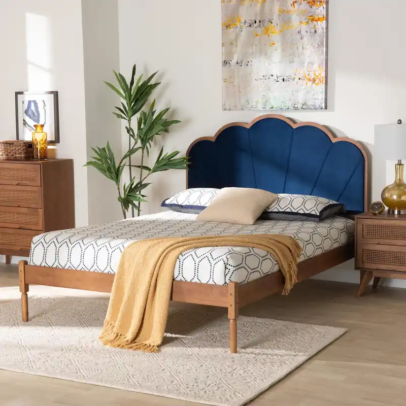 Deal Baxton Studio Hadria Mid-Century Modern Navy Blue Velvet and Walnut Br