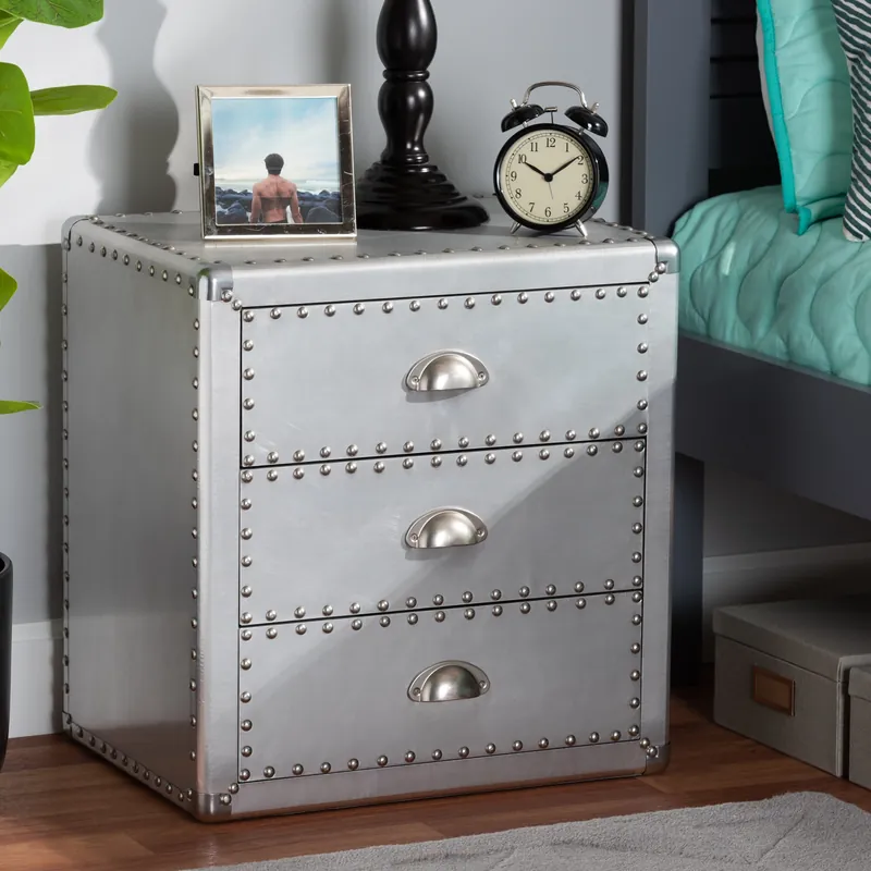 Last Chance Baxton Studio Armel French Industrial Silver Metal 3-Drawer End Table