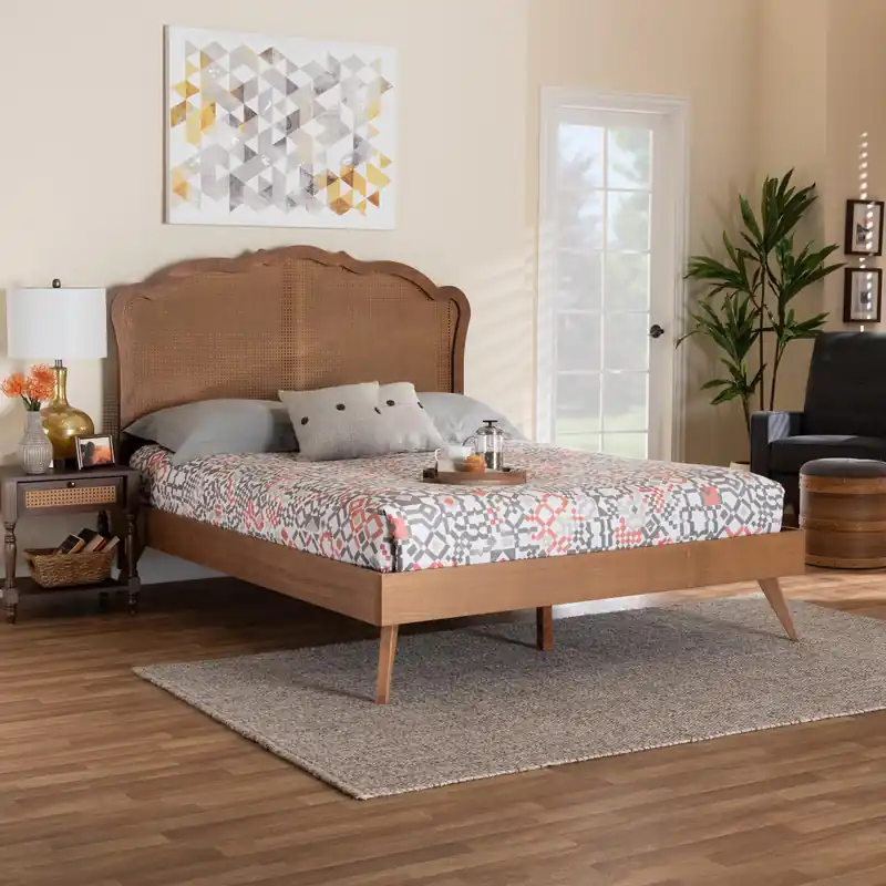 Baxton Studio Aithan Mid-Century Walnut Brown Wood and Rattan Queen Si New Arrival