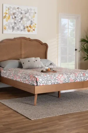 Baxton Studio Aithan Mid-Century Walnut Brown Wood and Rattan King Siz Money Back Guarantee
