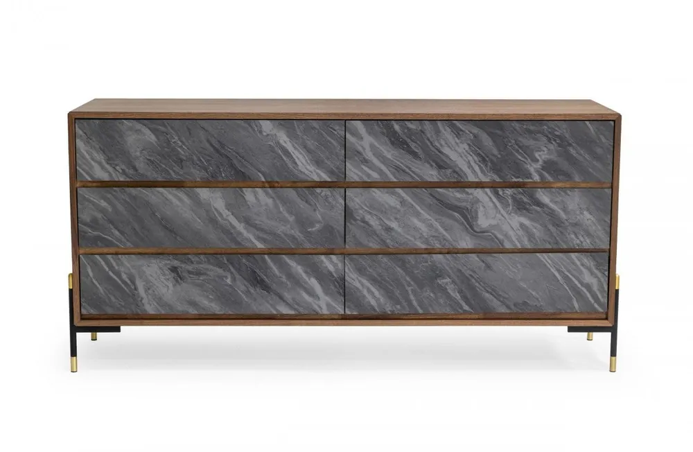 Exclusive Walnut And Grey Faux Marble Wood Six Drawer Double Dresser By Homeroot
